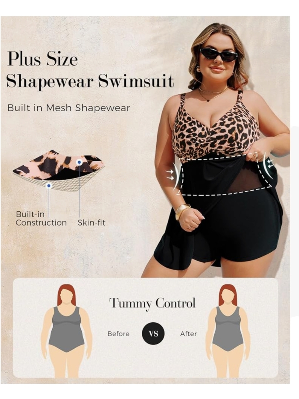 Plus Size Leopard Bust Swimdress One-Piece in Pink and Black - Picture 4 of 10